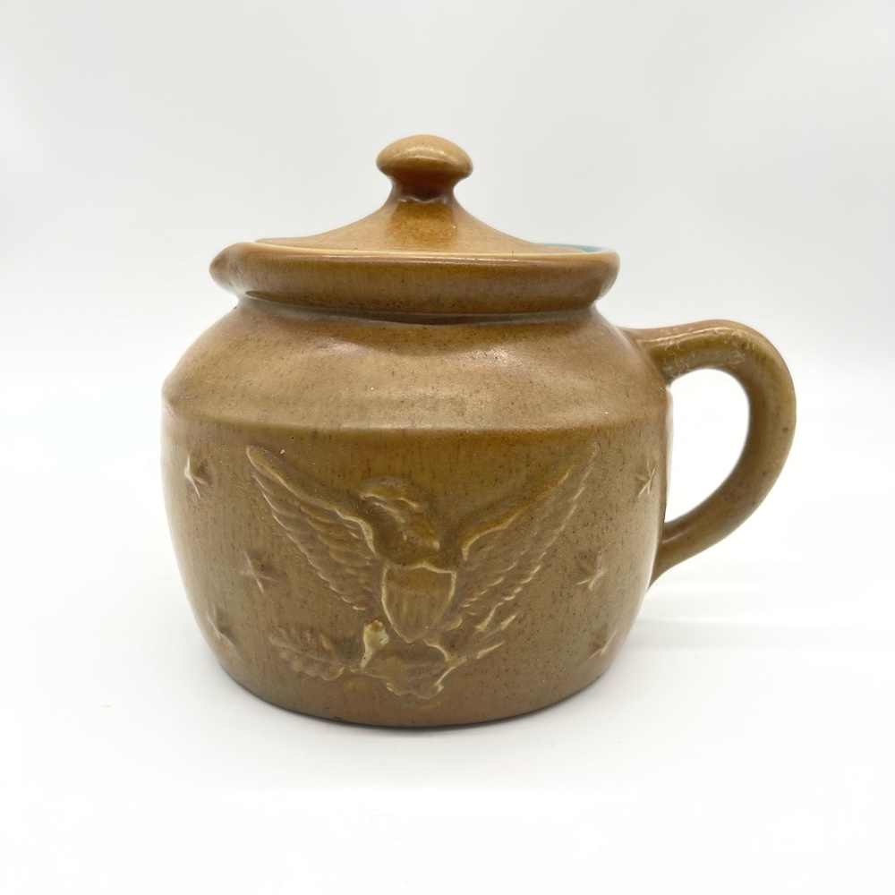 Vintage Chatham Pottery Covered Pitcher Teapot Eagle Relief Brown Turquoise 6”